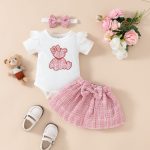 Baby short-sleeved skirt suit for girls with embroidered cute bear romper with gold silk skirt