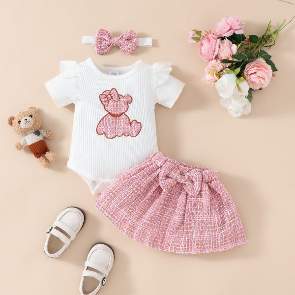 Baby short-sleeved skirt suit for girls with embroidered cute bear romper with gold silk skirt