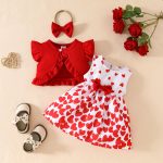 Baby Girl Sleeveless Ruffle Short Jacket Sleeveless Heart Dress Hairband Summer One-piece Dress Set