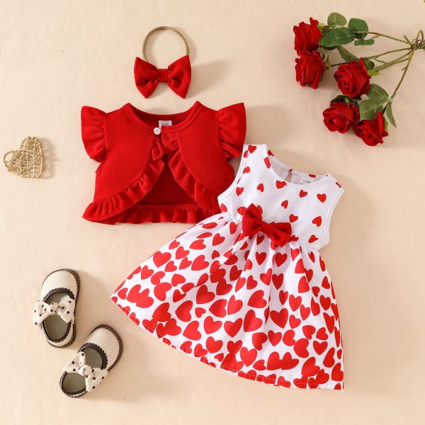 Baby Girl Sleeveless Ruffle Short Jacket Sleeveless Heart Dress Hairband Summer One-piece Dress Set