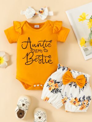 Baby Girl Letter Summer Top Belt Flower Cute Pants Baby Short Sleeve Triangle Romper Shorts Set