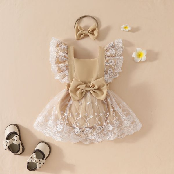 Children's clothing summer sweet girl baby casual jumpsuit baby big bow lace romper skirt