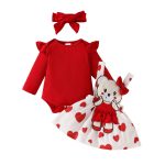 Baby Girls One-piece Dress Set Long Sleeve Red Triangle Romper Bear Doll Overall Dress Hairband