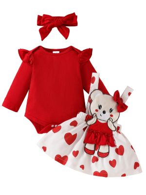 Baby Girls One-piece Dress Set Long Sleeve Red Triangle Romper Bear Doll Overall Dress Hairband