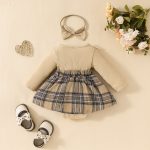 Baby long-sleeved lace plaid triangle jumpsuit autumn and winter girl's ribbed bowknot jumpsuit