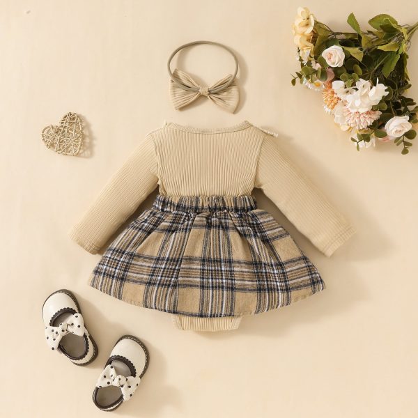 Baby long-sleeved lace plaid triangle jumpsuit autumn and winter girl's ribbed bowknot jumpsuit