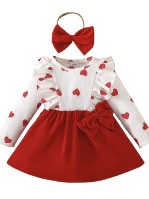Baby long-sleeved dress for toddler girl long-sleeved heart bow skirt spring and autumn sweet skirt