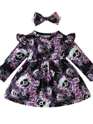 Baby Halloween long-sleeved dress for baby girls butterfly skull casual dress European and American Helloween dress