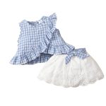 Baby Sleeveless Ruffle Plaid Top Bow Embroidered Skirt Suit Girls