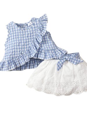 Baby Sleeveless Ruffle Plaid Top Bow Embroidered Skirt Suit Girls