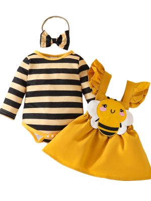 Baby cute little bee striped long-sleeved triangle romper with embroidered chapter suspender skirt autumn and winter skirt suit
