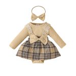 Baby long-sleeved lace plaid triangle jumpsuit autumn and winter girl's ribbed bowknot jumpsuit