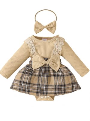 Baby long-sleeved lace plaid triangle jumpsuit autumn and winter girl's ribbed bowknot jumpsuit
