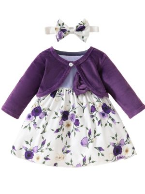 Baby Girls Autumn and Winter Long Sleeve Coat + Dress Set 0-3 Years Old Girls Plush Coat Vest Skirt