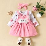 Autumn and winter infant and toddler cartoon fox heart print long-sleeved romper bow tie suspender dress set