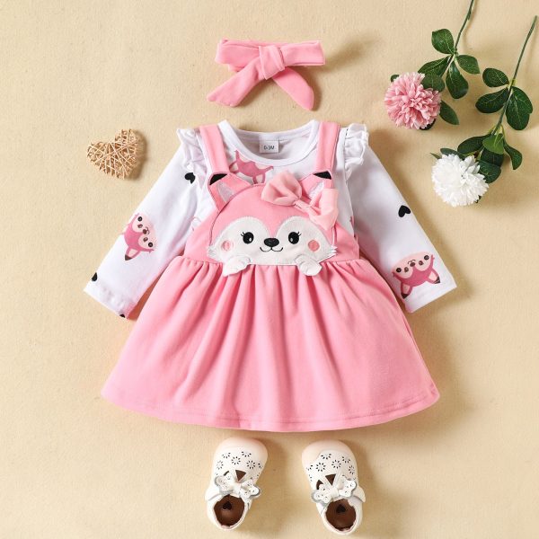 Autumn and winter infant and toddler cartoon fox heart print long-sleeved romper bow tie suspender dress set
