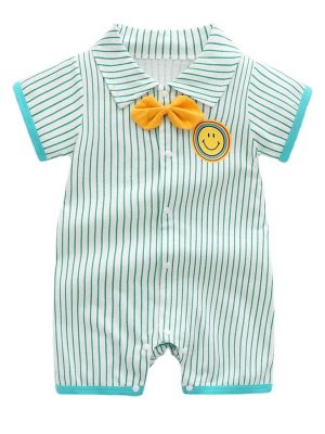 Bow tie gentleman lapel smiley face striped romper short sleeve jumpsuit