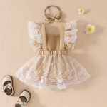 Children's clothing summer sweet girl baby casual jumpsuit baby big bow lace romper skirt