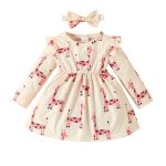 0-2 years old baby giraffe print dress flying sleeves long sleeves casual dress bow headband