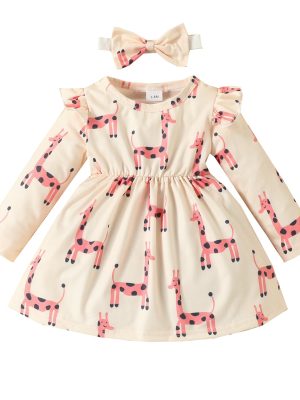 0-2 years old baby giraffe print dress flying sleeves long sleeves casual dress bow headband