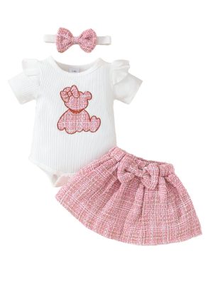 Baby short-sleeved skirt suit for girls with embroidered cute bear romper with gold silk skirt
