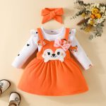 Autumn and winter infant and toddler cartoon fox heart print long-sleeved romper bow tie suspender dress set