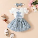 cute bear romper with gold silk skirt Baby short-sleeved skirt suit for girls with embroidered