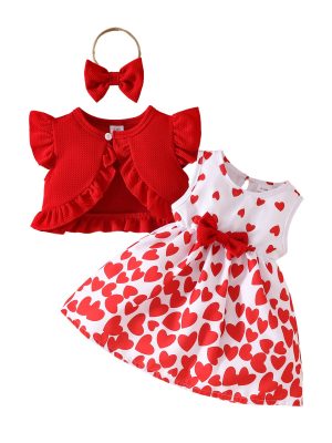 Baby Girl Sleeveless Ruffle Short Jacket Sleeveless Heart Dress Hairband Summer One-piece Dress Set