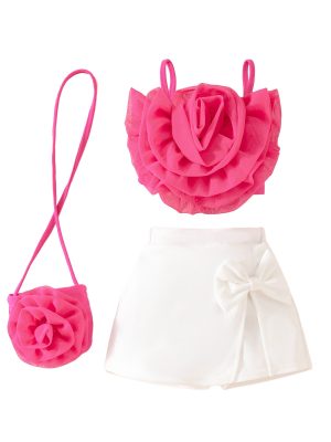 Baby Girls Mesh Flower Short Suspender Top + Fake Split Shorts Skirt + Small Bag Summer Set