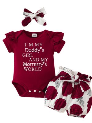 Baby Short Sleeve Triangle Romper Shorts Set Baby Girl Letter Summer Top Belt Flower Cute Pants