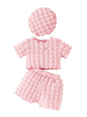 Fashion baby girl bubble fabric summer short-sleeved top + shorts + beret set sweet short clothing