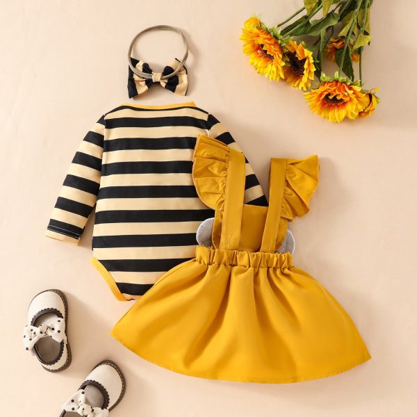 Baby cute little bee striped long-sleeved triangle romper with embroidered chapter suspender skirt autumn and winter skirt suit