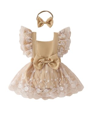 Children's clothing summer sweet girl baby casual jumpsuit baby big bow lace romper skirt