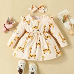0-2 years old baby giraffe print dress flying sleeves long sleeves casual dress bow headband