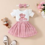 Baby short-sleeved skirt suit for girls with embroidered cute bear romper with gold silk skirt