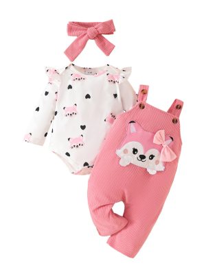 Baby Cute Fox Heart Pattern Long Sleeve Triangle Romper Corduroy Bowknot Bib Pants Set