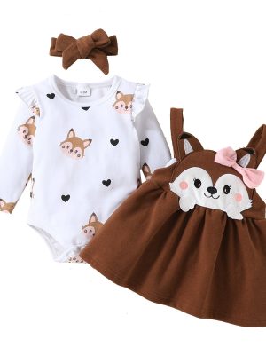 Autumn and winter infant and toddler cartoon fox heart print long-sleeved romper bow tie suspender dress set