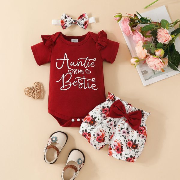 Baby Girl Letter Summer Top Belt Flower Cute Pants Baby Short Sleeve Triangle Romper Shorts Set