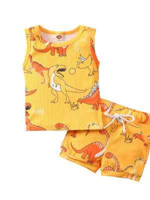 Baby vest shorts suit boy girl dinosaur striped sleeveless top shorts two-piece suit