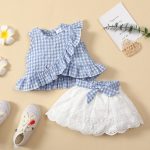 Baby Sleeveless Ruffle Plaid Top Bow Embroidered Skirt Suit Girls