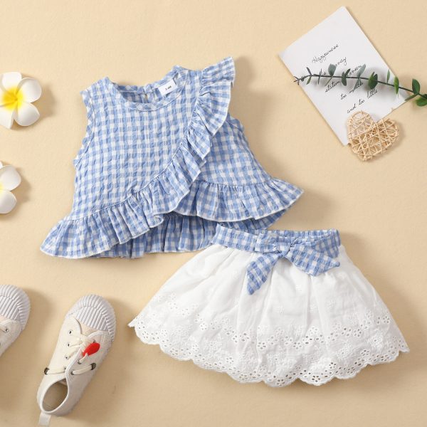 Baby Sleeveless Ruffle Plaid Top Bow Embroidered Skirt Suit Girls
