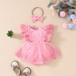 Baby Girl Sweet Sleeveless Lace Triangle Romper Mesh Skirt Newborn Lace Flower Cover-up Dress