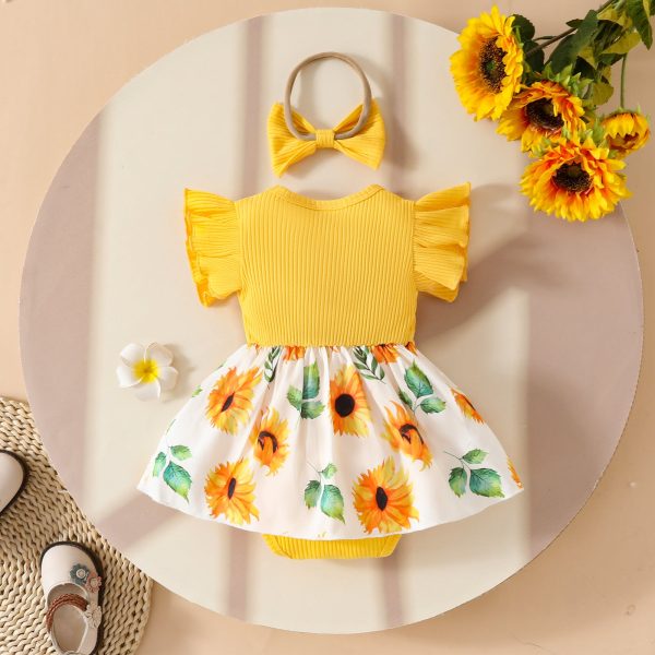 Baby Girl Summer Sleeveless Pit Stripe Applique Floral Print Romper Dress Baby Casual Dress