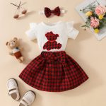 Baby short-sleeved skirt suit for girls with embroidered cute bear romper with gold silk skirt
