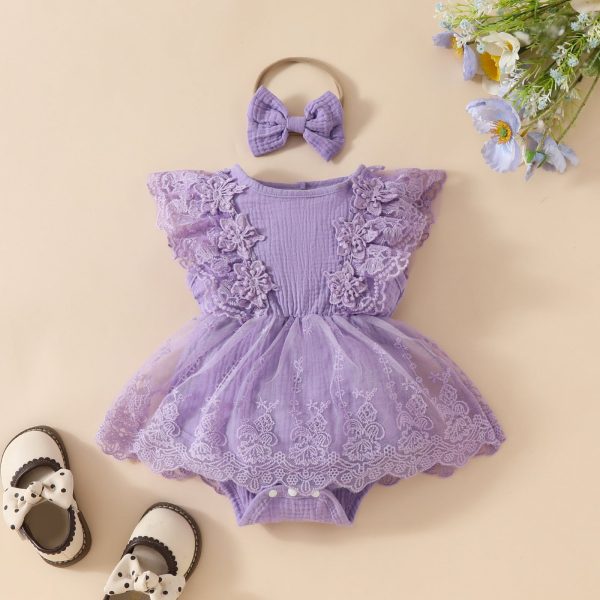 Baby Girl Sweet Sleeveless Lace Triangle Romper Mesh Skirt Newborn Lace Flower Cover-up Dress