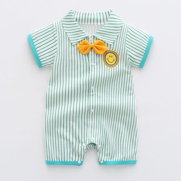Bow tie gentleman lapel smiley face striped romper short sleeve jumpsuit