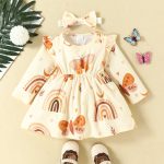 0-2 years old baby giraffe print dress flying sleeves long sleeves casual dress bow headband
