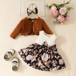 Baby Girls Autumn and Winter Long Sleeve Coat + Dress Set 0-3 Years Old Girls Plush Coat Vest Skirt
