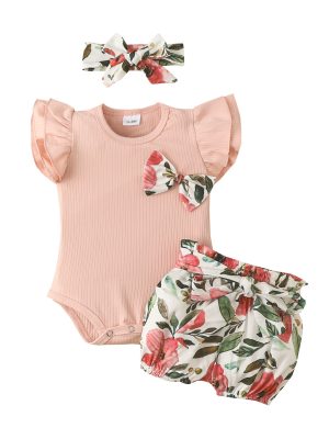 Cotton Short Sleeve Romper Elastic Pants Infant and Toddler Ribbon Bowknot Shorts Set