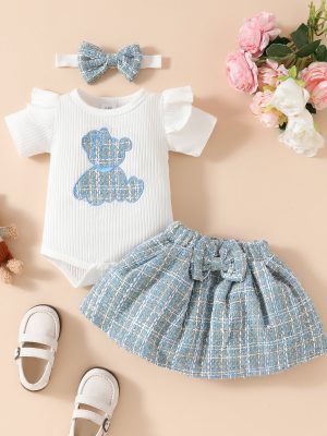 cute bear romper with gold silk skirt Baby short-sleeved skirt suit for girls with embroidered